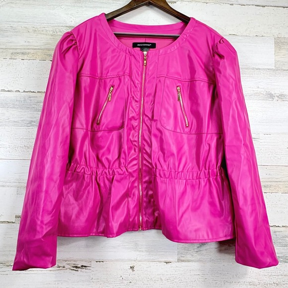 Ashley Stewart Jackets & Blazers - Ashley Stewart NEW Womens Faux Leather Jacket Peplum Zip Front Fuchsia‎ Pink 18